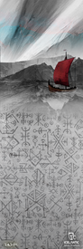 A Viking ship with a red sail travels across gray waters beneath a stormy sky, Icelandic runes covering the lower half. The Icelantic Skis logo appears in the bottom right corner. This dramatic scene is featured on the 20/21 Nomad Lite Fine Art Print by Icelantic Skis, available as a fine art print or wrapped canvas giclee print.
