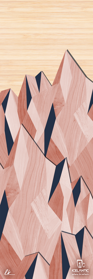 Geometric illustration of mountains in pink wood textures with dark blue shadows, set against a light wood-grain sky; available as the 20/21 Oracle 78 Fine Art Print by Icelantic Skis. Icelantic Skis logo appears at the bottom right.
