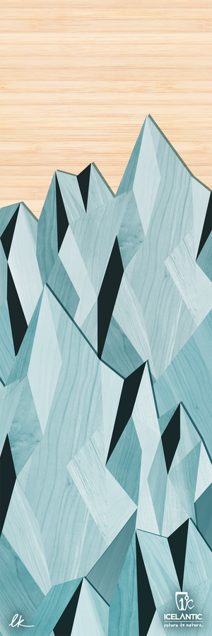 Abstract illustration of jagged, geometric mountains in shades of blue, with a light wood-grain sky above. Available as the striking 20/21 Oracle 88 Fine Art Print by Icelantic Skis, this piece features the Icelantic Skis logo and text in the lower right corner.