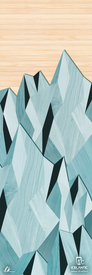 Abstract illustration of jagged, geometric mountains in shades of blue, with a light wood-grain sky above. Available as the striking 20/21 Oracle 88 Fine Art Print by Icelantic Skis, this piece features the Icelantic Skis logo and text in the lower right corner.