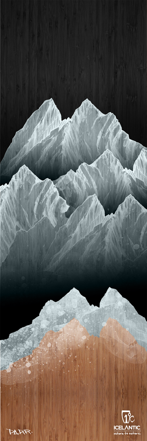 Featuring stylized artwork of mountain ranges in three color bands—black, gray, and brown—the 20/21 Pioneer 109 Fine Art Print by Icelantic Skis displays the Icelantic logo and "Handmade in Colorado, USA" in the corner. Offered as a stunning giclee print for exceptional detail and vibrant color, it makes a perfect addition to any fine art print collection.