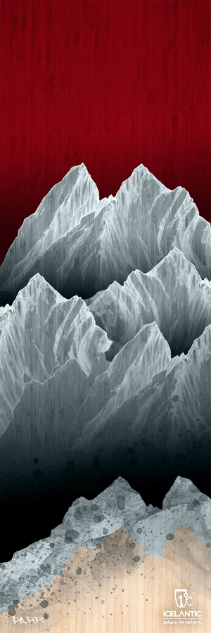Featuring stylized white and gray mountains set against a red-to-black gradient sky, the 20/21 Pioneer 86 Fine Art Print by Icelantic Skis showcases a wood-textured base and “ICELANTIC” branding at the bottom right corner—available as a fine art print for a striking addition to any space.