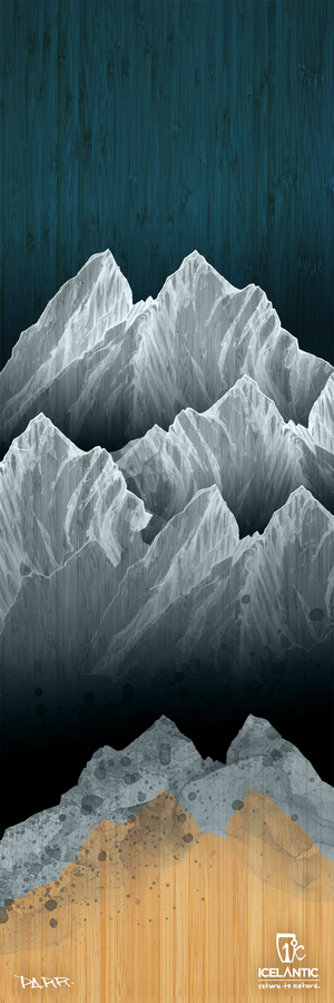 Experience the 20/21 Pioneer 96 Fine Art Print by Icelantic Skis, featuring abstract gray mountains set against a deep blue sky with their reflection mirrored in a tan woodgrain texture below. Discreet logos and minimal corner text complete the composition, making it an ideal choice for fine art décor or as a sophisticated giclee print.