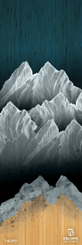 Experience the 20/21 Pioneer 96 Fine Art Print by Icelantic Skis, featuring abstract gray mountains set against a deep blue sky with their reflection mirrored in a tan woodgrain texture below. Discreet logos and minimal corner text complete the composition, making it an ideal choice for fine art décor or as a sophisticated giclee print.
