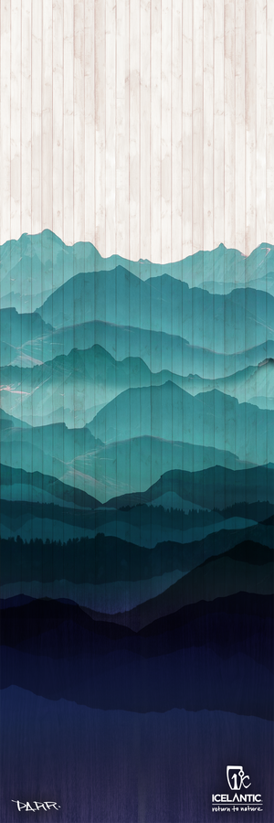 Featuring a stylized mountain landscape in gradient shades of blue over a wooden plank background, the 20/21 Riveter 85 Fine Art Print by Icelantic Skis is available as a fine art or giclee print for exceptional detail. The Icelantic logo appears at the bottom right, with "TAHITI" text displayed in the lower left corner.