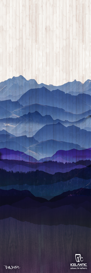 Experience the captivating "20/21 Riveter 95 Fine Art Print" by Icelantic Skis—stylized artwork featuring layered blue and purple mountains set against a white sky, enhanced with a subtle wood grain texture. This high-quality piece is available as a fine art print or wrapped canvas, with the Icelantic Skis name and logo displayed in the lower right corner.