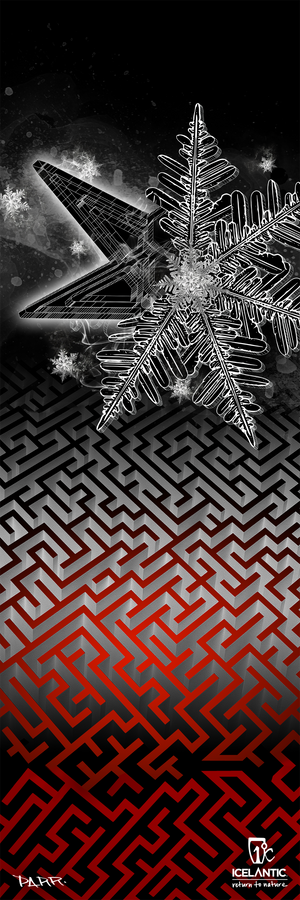 A large, white snowflake overlaps a black and silver geometric maze pattern that fades to red. The words "Icelantic" and "North Shore" are displayed at the bottom right, making the 20/21 Saba Pro Fine Art Print by Icelantic Skis an ideal choice as a striking giclee print or wrapped canvas for fine art print collectors.