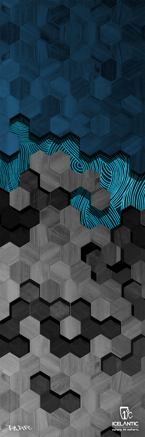 Geometric art featuring blue, gray, and black hexagons with a wood texture is intersected by a wavy pattern of bright blue lines. The 20/21 Sabre 80 Fine Art Print by Icelantic Skis is available as a fine art print or wrapped canvas, with text and logos displayed at the bottom.
