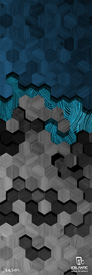 Geometric art featuring blue, gray, and black hexagons with a wood texture is intersected by a wavy pattern of bright blue lines. The 20/21 Sabre 80 Fine Art Print by Icelantic Skis is available as a fine art print or wrapped canvas, with text and logos displayed at the bottom.