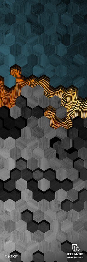 A contemporary abstract composition featuring hexagonal shapes in blue, orange, and gray tones with wood grain textures, the 20/21 Sabre 89 Fine Art Print by Icelantic Skis is available as a fine art print or wrapped canvas. This artwork displays the Icelantic and artist logos in white at the bottom.
