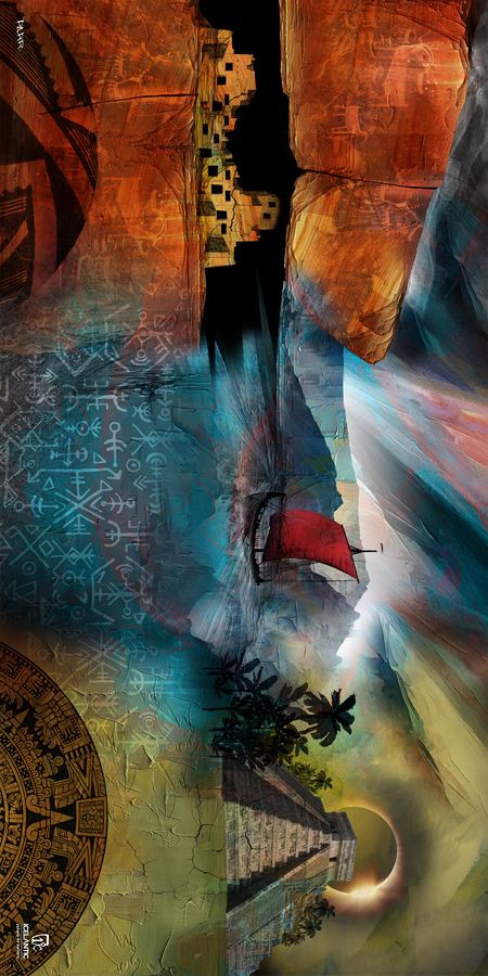 Experience “20/21 Nomad Freeride Fine Art Print” by Icelantic Skis—an abstract composition featuring ancient ruins, symbolic motifs, a vivid red sailboat gliding on water, a stone pyramid, palm trees, dramatic cliffs, and the enigmatic presence of a solar eclipse. This surreal and colorful landscape blends layers of cultural elements for a striking visual display. Available as fine art prints or exquisite giclee art prints on stretched canvas to elevate your space.