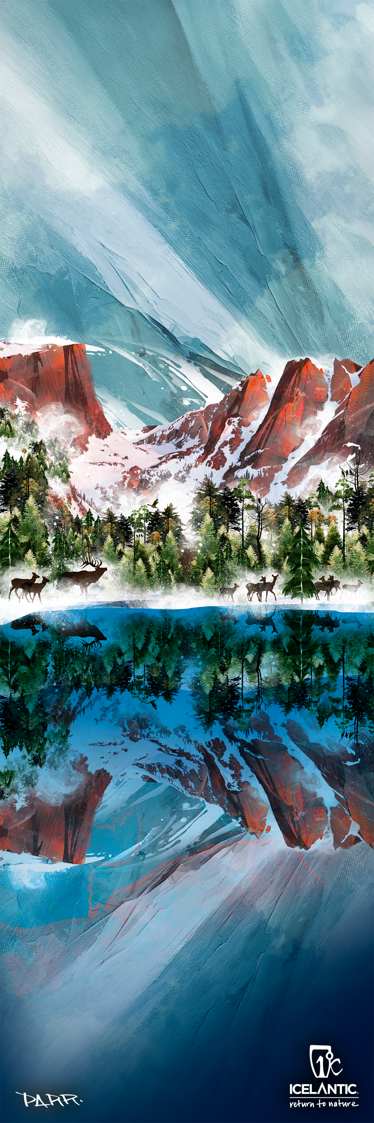 Experience the striking beauty of the Rocky Mountains with Icelantic's Rocky Mountain Fine Art Print. This artwork showcases red mountains, snowy peaks, pine trees, and elk gathered by a tranquil lake that mirrors the breathtaking scene beneath a dramatic blue sky. Available as both fine art prints and wrapped canvas from Icelantic, this captivating piece is the perfect addition to any art lover’s collection.