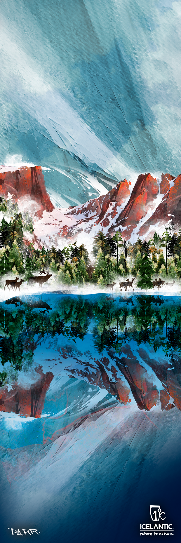 Experience the striking beauty of the Rocky Mountains with Icelantic's Rocky Mountain Fine Art Print. This artwork showcases red mountains, snowy peaks, pine trees, and elk gathered by a tranquil lake that mirrors the breathtaking scene beneath a dramatic blue sky. Available as both fine art prints and wrapped canvas from Icelantic, this captivating piece is the perfect addition to any art lover’s collection.