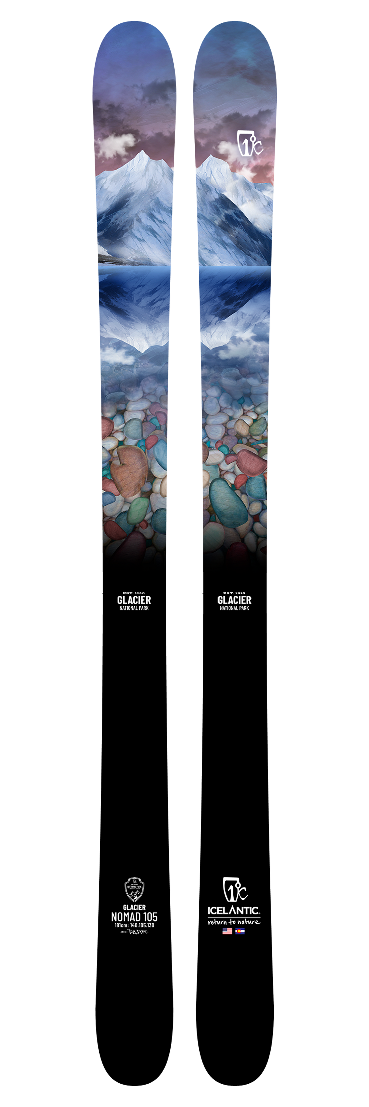 A pair of Icelantic Skis' Glacier Nomad 105 skis, showcasing artwork of snowy mountains at the top, vibrant river rocks in the center, and a solid black base with brand logos and text—these striking skis combine breathtaking design with exceptional craftsmanship.