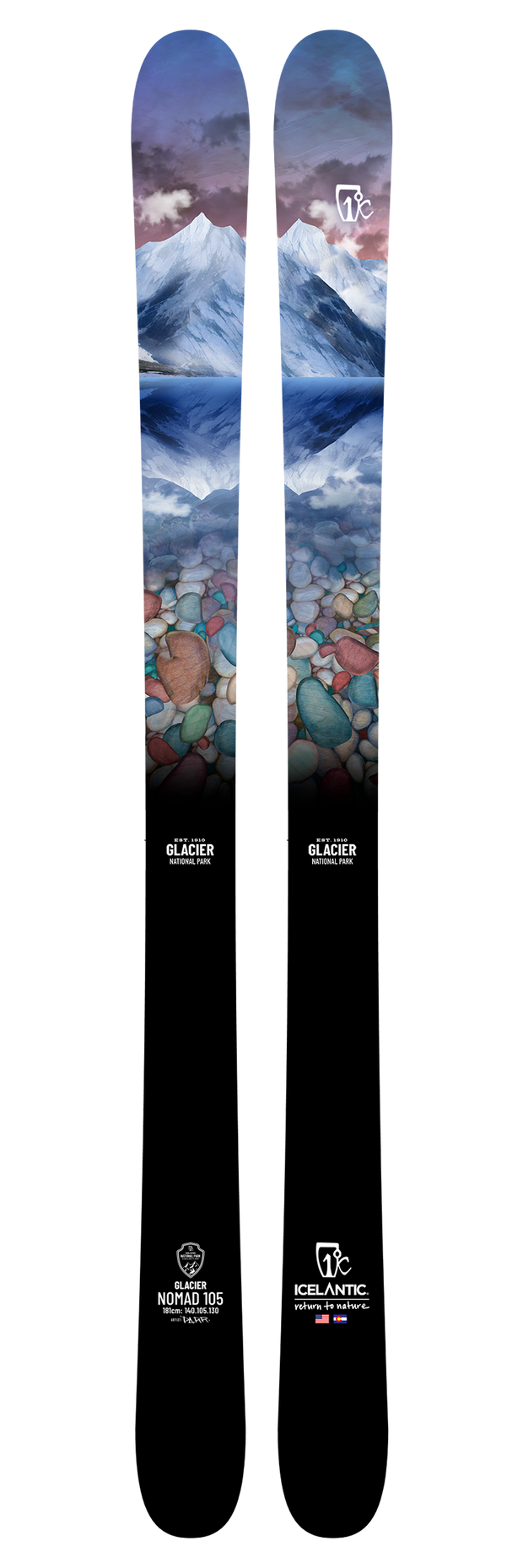 A pair of Icelantic Skis' Glacier Nomad 105 skis, showcasing artwork of snowy mountains at the top, vibrant river rocks in the center, and a solid black base with brand logos and text—these striking skis combine breathtaking design with exceptional craftsmanship.