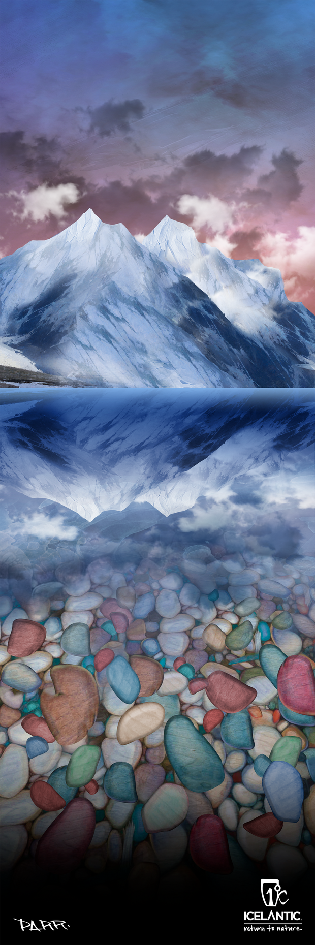 Experience the "Glacier Fine Art Print" by Icelantic Skis—a digital artwork featuring snow-capped mountains mirrored in a tranquil lake, with vibrant smooth stones beneath the crystal-clear water in the foreground. Part of the Glacier Park Collection, this piece is offered as a fine art print or premium giclee print. Logos and the artist's signature are elegantly placed in the bottom right and left corners.