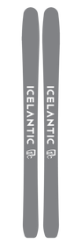 A pair of gray Icelantic 21/22 Natural 111 skis, each featuring the word "ICELANTIC" and a white mountain logo printed vertically, designed as lightweight backcountry skis with a Feather-Weight Wood Core for optimal performance.