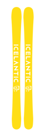 A pair of vibrant yellow Icelantic Scout 75 skis are positioned next to each other, each displaying the brand name ICELANTIC in bold white letters with a white mountain logo below. Handmade in Colorado, these twin-tipped skis combine exceptional craftsmanship with a striking design.