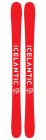 A pair of vibrant red Icelantic Scout 85 twin-tipped skis, each featuring the word "ICELANTIC" and a white logo printed vertically. Handmade in Colorado, these mountain carving skis are displayed side by side on a plain background.