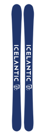 Two Icelantic Scout 88 carving skis in blue are displayed side by side, each featuring the bold white "ICELANTIC" lettering running vertically and a small white logo near the base. These twin-tipped skis are handmade in Colorado, guaranteeing exceptional quality and performance on the slopes.