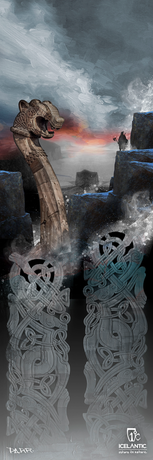 A carved dragon-headed ship emerges from icy waters between cliffs at sunset, flanked by two ornate stone pillars with Nordic designs in the foreground. In the distance, a solitary figure raises an arm atop a cliff as mist and clouds infuse the scene with dramatic energy. Perfect for adding depth and intrigue to your space, the Icelantic 21/22 Nomad Lite Fine Art Print delivers striking visual impact—ideal for fine art displays or as an eye-catching giclee print.