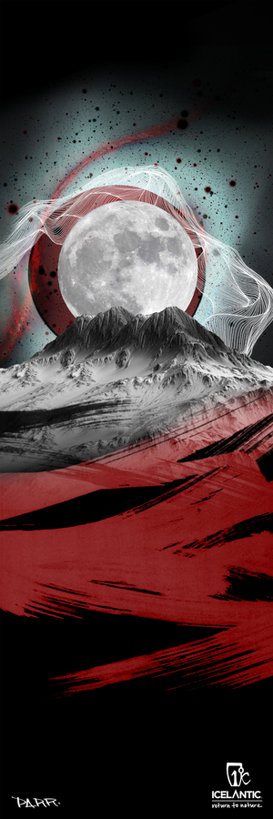 Surreal art featuring a large full moon above snow-covered mountains, enhanced by red and black abstract patterns and swirling light lines. The Icelantic 23/24 Scout 85 Fine Art Print is available as fine art prints or wrapped canvas giclee prints. Logos for TAHR and Icelantic: Return to Nature are displayed at the bottom.