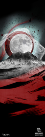 Surreal art featuring a large full moon above snow-covered mountains, enhanced by red and black abstract patterns and swirling light lines. The Icelantic 23/24 Scout 85 Fine Art Print is available as fine art prints or wrapped canvas giclee prints. Logos for TAHR and Icelantic: Return to Nature are displayed at the bottom.
