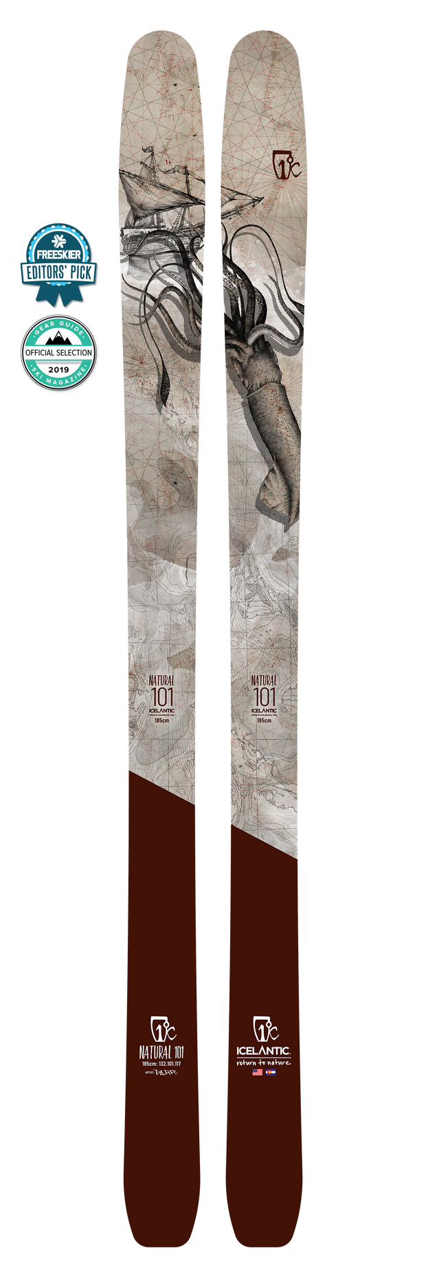A pair of Icelantic 21/22 Natural 101 skis featuring a brown and white design with a drawing of a giant squid battling a ship, crafted as lightweight skis with a Feather-Weight Wood Core, and two award badges displayed to the left of the skis.