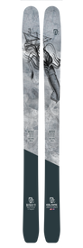 The Icelantic 21/22 Natural 111 skis feature a grayscale illustration of a ship under attack by a giant squid set against intricate, map-inspired background details. Crafted with a Feather-Weight Wood Core, these lightweight backcountry skis are designed for effortless powder touring adventures.