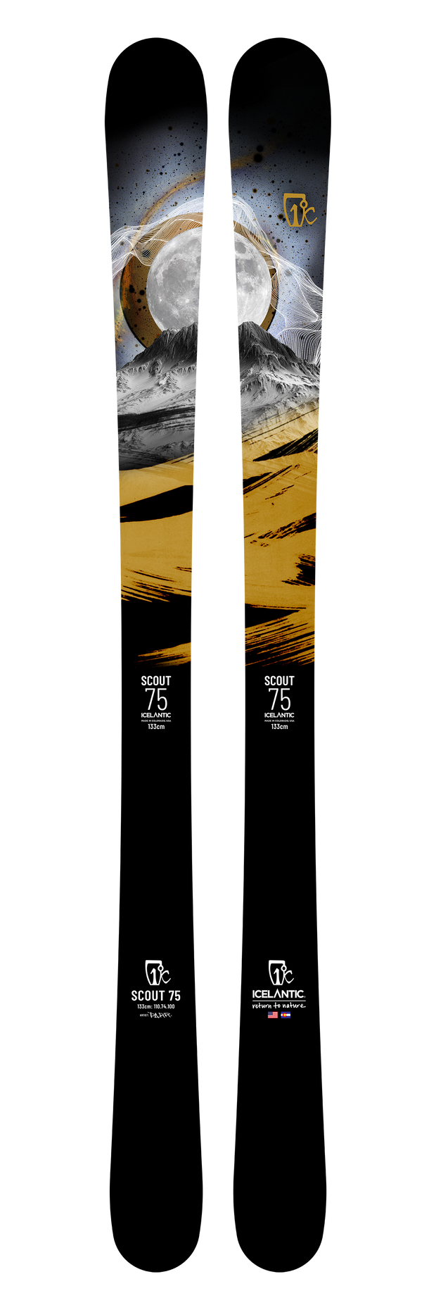 A pair of twin-tipped skis with black, gold, and gray artwork featuring a moon, mountains, and abstract patterns. The skis are labeled “Scout 75” and “Icelantic,” and are handmade in Colorado.