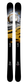 A pair of twin-tipped skis with black, gold, and gray artwork featuring a moon, mountains, and abstract patterns. The skis are labeled “Scout 75” and “Icelantic,” and are handmade in Colorado.
