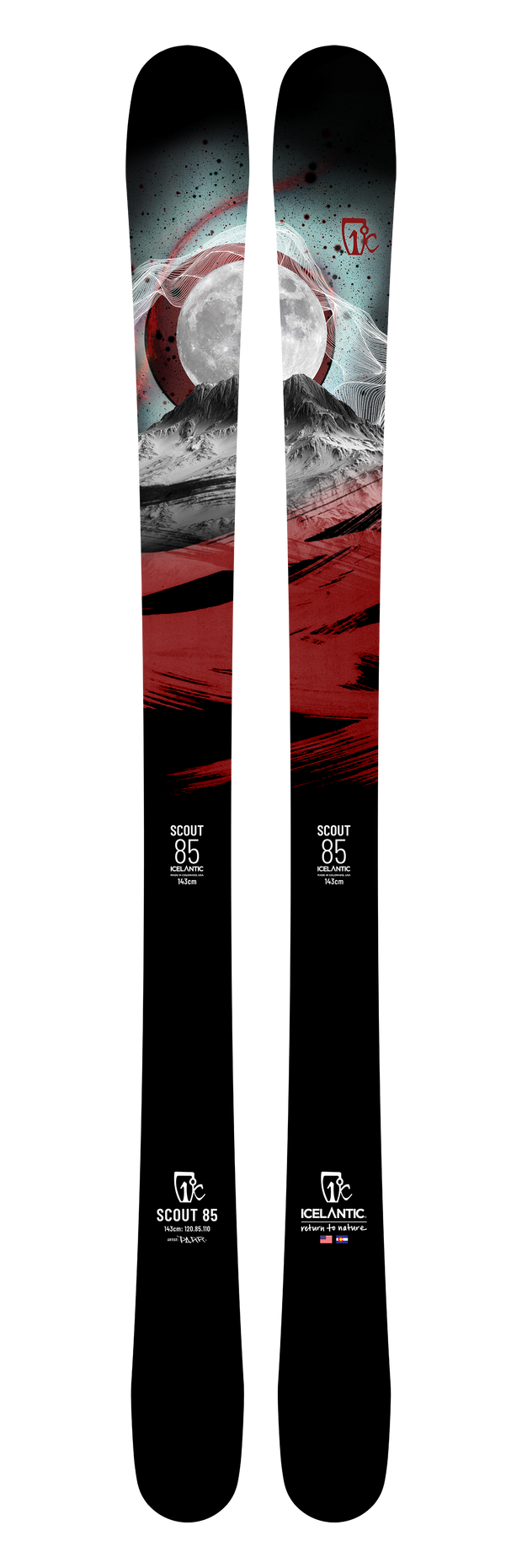 A pair of black, twin-tipped Scout 85 skis by Icelantic, adorned with a striking red and gray mountain landscape and a large moon—handcrafted in Colorado for top-tier mountain carving performance.