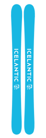 Two blue Icelantic 22/23 Maiden 101 skis placed side by side, each displaying the white word "ICELANTIC" vertically along their length with a small mountain logo below the text. These women's Freeride skis feature a Hybrid Flight Core, delivering exceptional versatility and performance that make them ideal for powder skiing.