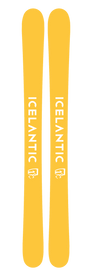 Two yellow Icelantic 22/23 Maiden 111 skis with rounded tips are placed side by side. Each lightweight ski features the word "ICELANTIC" and a small white logo running vertically down the length.