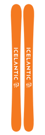 Two bright orange skis placed side by side, each displaying the word ICELANTIC in bold white letters running vertically along their length. These are the 22/23 Maiden Lite skis by Icelantic—ultra-lightweight freeride skis, expertly handcrafted in Colorado for top performance on any mountain.
