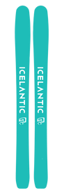 A pair of teal skis with "ICELANTIC" and a white logo printed on each ski. These are the Icelantic 22/23 Mystic 107, a lightweight backcountry ski designed specifically as a women’s powder touring ski. The skis are placed side by side on a white background.