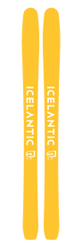 A pair of bright yellow skis with the word ICELANTIC and a logo printed in white vertically down the center of each ski, the Icelantic 22/23 Mystic 97 is a lightweight ski designed as an ideal women’s backcountry touring ski.