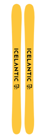 Two bright yellow Icelantic 22/23 Nia Pro 105 skis sit side by side, each showcasing bold black ICELANTIC text vertically and a small mountain logo just beneath. Handmade in Colorado, these Nia Pro 105 skis feature a Reflective Rocker profile.
