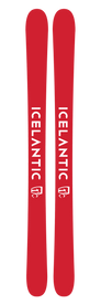 Two red skis, each featuring the word ICELANTIC and a small white graphic logo printed vertically, are displayed against a white background that emphasizes their vibrant color and minimalist design. These are the 22/23 Nomad Lite skis from Icelantic—an ultra-light freeride ski designed for backcountry touring, combining eye-catching aesthetics with versatile high performance.