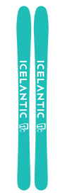A pair of teal 22/23 Riveter 104 skis by Icelantic, handmade in Colorado, with the word "ICELANTIC" and a white mountain logo printed vertically on each ski. These all-mountain women's skis are displayed side by side against a plain background.