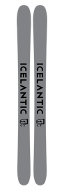 A pair of gray Icelantic 22/23 Saba Pro 107 skis, featuring the black text "ICELANTIC" and a logo printed vertically on each ski, showcases the innovative Reflective Rocker design for enhanced performance.