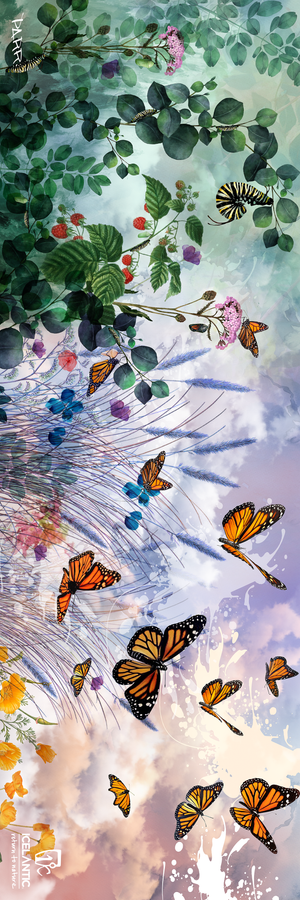 Discover the Icelantic 22/23 Maiden Freeride Fine Art Print, featuring illustrated artwork of monarch butterflies in flight as they journey from lush green foliage—complete with berries and caterpillars at the top—down to a dreamy pastel sky. Blue butterflies and wheat grass add vibrant accents to this striking giclee print, making it a stunning choice for display as either wrapped canvas or fine art prints.