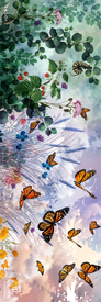 Discover the Icelantic 22/23 Maiden Freeride Fine Art Print, featuring illustrated artwork of monarch butterflies in flight as they journey from lush green foliage—complete with berries and caterpillars at the top—down to a dreamy pastel sky. Blue butterflies and wheat grass add vibrant accents to this striking giclee print, making it a stunning choice for display as either wrapped canvas or fine art prints.