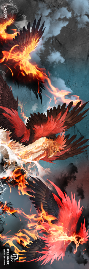 Experience the 22/23 Nomad Freeride Fine Art Print by Icelantic: a stunning depiction of a vibrant phoenix with fiery red and orange feathers soaring and twisting through smoky, dramatic clouds, trailing bright flames and embers against a textured dark background. Captured in breathtaking detail, this giclee print is perfect for display as wrapped canvas or fine art prints.