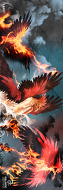 Experience the 22/23 Nomad Freeride Fine Art Print by Icelantic: a stunning depiction of a vibrant phoenix with fiery red and orange feathers soaring and twisting through smoky, dramatic clouds, trailing bright flames and embers against a textured dark background. Captured in breathtaking detail, this giclee print is perfect for display as wrapped canvas or fine art prints.