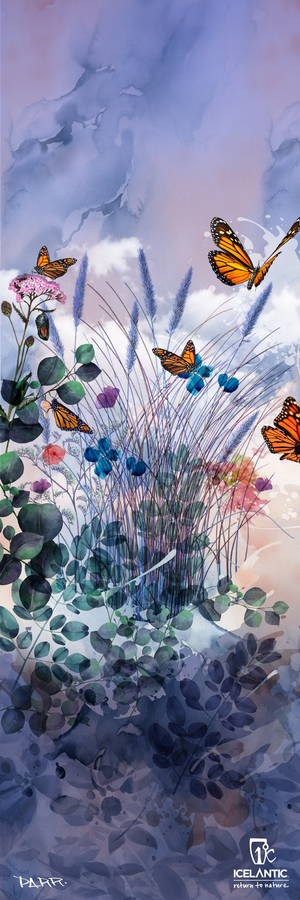 Introducing the Icelantic 22/23 Maiden 101 Fine Art Print—a watercolor-style depiction of orange butterflies gracefully fluttering among wildflowers and tall grasses beneath a vibrant blue and purple sky, complemented by abstract foliage in lush shades of green and blue at the base. Available as fine art prints or wrapped canvas, this stunning giclee art print is designed to elevate your space with beauty and sophistication.