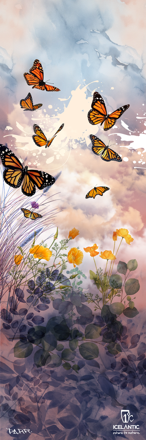 Experience the vibrant artistry of the 22/23 Maiden 111 Fine Art Print by Icelantic, featuring monarch butterflies soaring above yellow wildflowers and leafy plants beneath a pastel sky with wispy clouds. This nature-inspired scene blends watercolor effects for a lively yet delicate touch, making it an ideal choice for fine art displays or as a stunning giclee print on wrapped canvas.