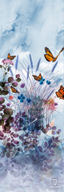 Watercolor-style illustration of orange butterflies fluttering around wildflowers and grasses beneath a blue sky, with purple and green foliage in the foreground. This vibrant scene is offered as the 22/23 Maiden Lite Fine Art Print by Icelantic, available as a fine art print or giclee print on wrapped canvas, featuring both the Icelantic brand and artist signatures at the bottom.