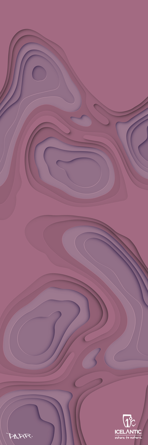 Abstract topographic design in layered shades of mauve and purple, featuring fluid, wavy shapes. The 22/23 Mystic 107 Fine Art Print by Icelantic is available as a fine art print or as a premium giclée print on wrapped canvas. Logos reading “PARR.” and “Icelantic Return to Nature” appear in the bottom corners.