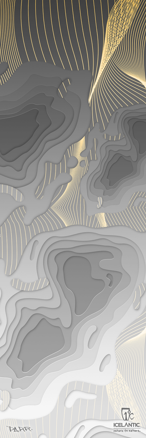 Layered gray shapes reminiscent of a topographic map combine with flowing yellow lines in the 22/23 Natural 111 Fine Art Print by Icelantic. This artwork is offered as a fine art print or as a giclee print on wrapped canvas, and features the Icelantic logo alongside the FAMT logo in the bottom right corner.